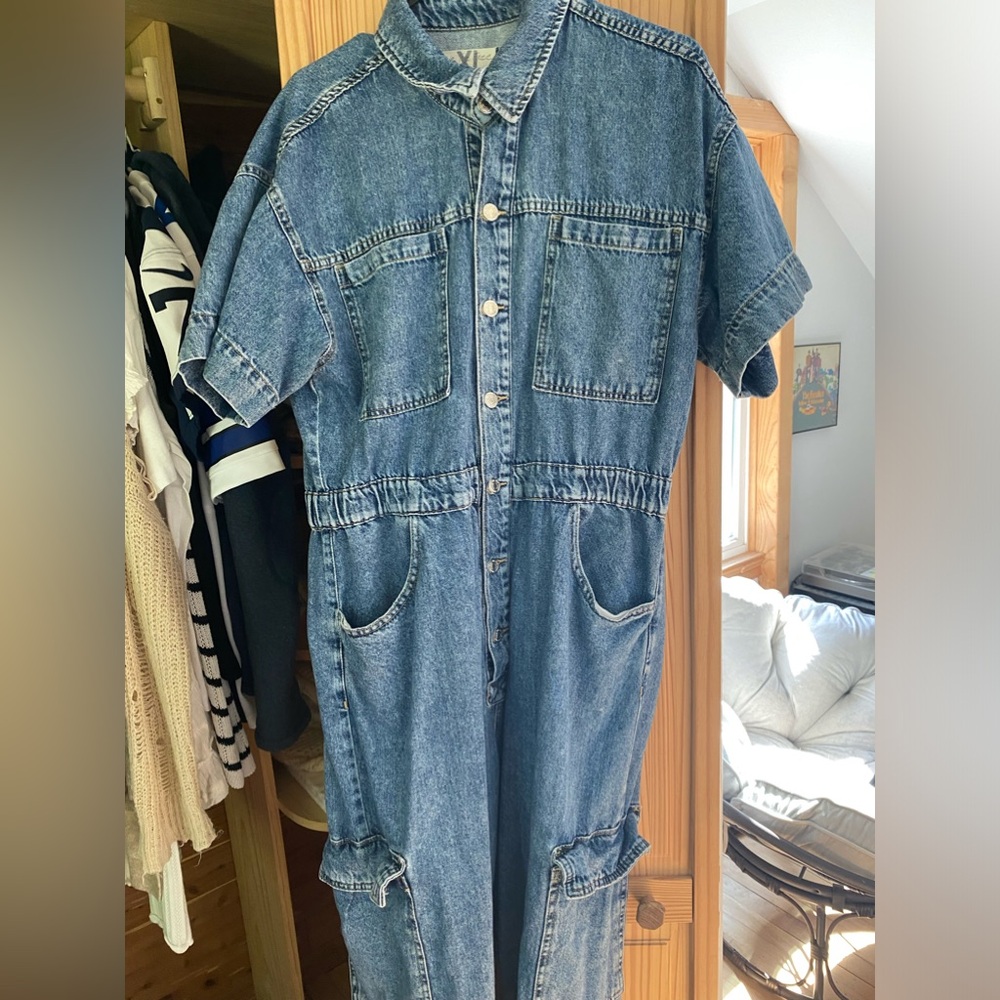 free people we the free denim cargo button down jumpsuit/coveralls